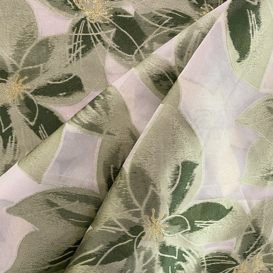 Tropical Flower Organza Jacquard - Light Green / White / Metallic Gold