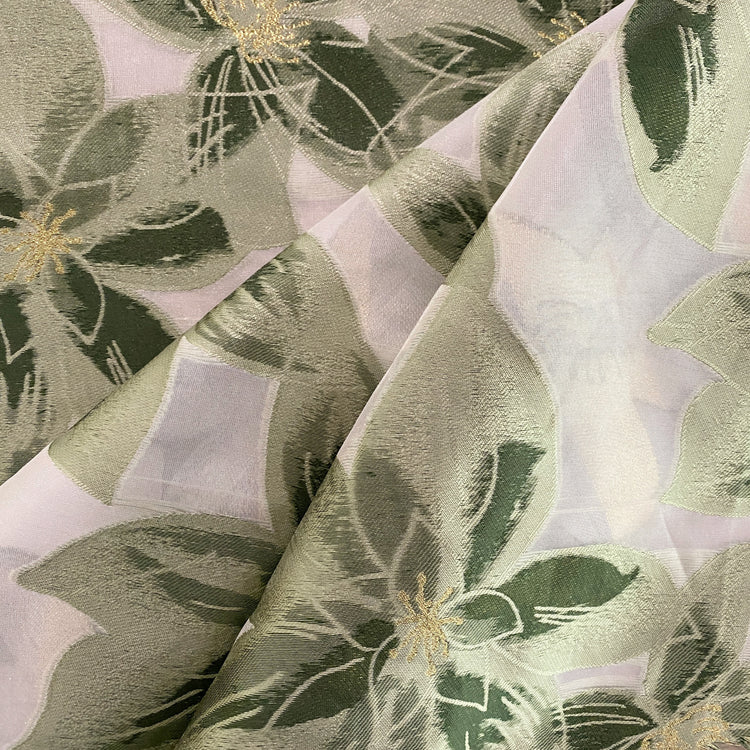 Tropical Flower Organza Jacquard - Light Green / White / Metallic Gold