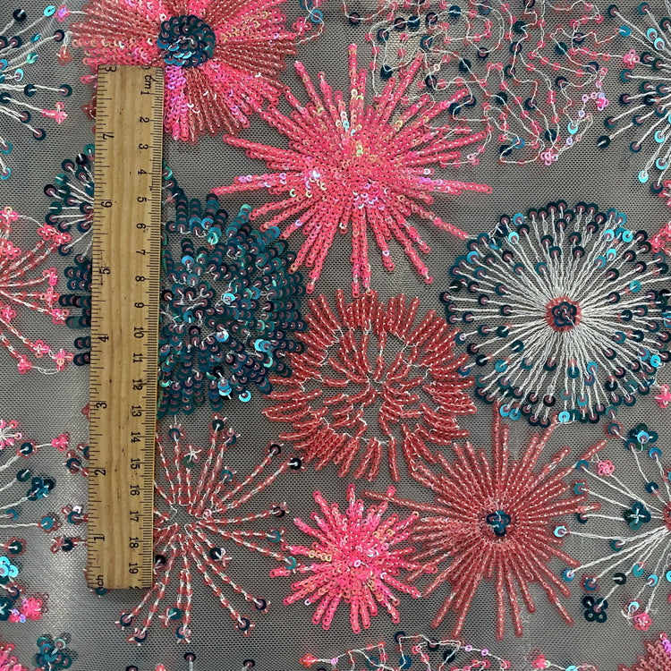 Firework Floral Sequinned Net - Pink / Blue