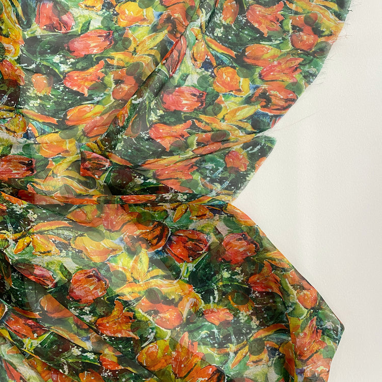 Watercolour Tulip & Paisley Ghosting Sheer Silk Plain Weave - Green/Orange