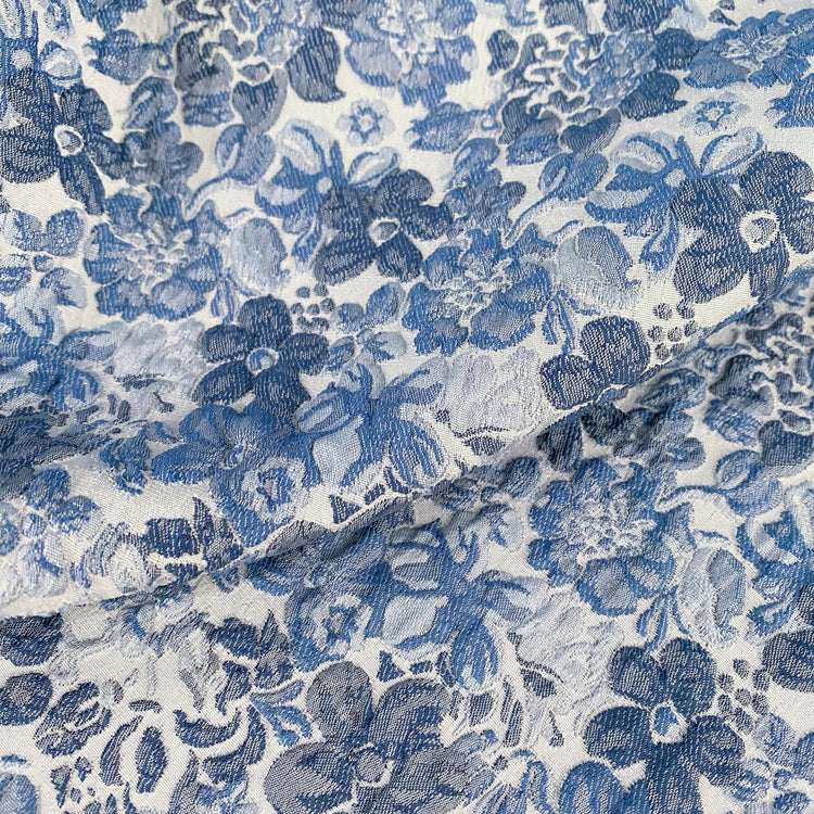 Delicate Floral Poly/Cotton Jacquard - White/Blue Tonal