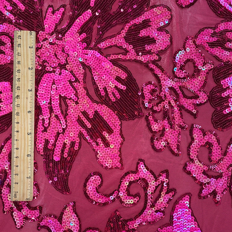 Baroque Hibiscus Sequin Embroidered Mesh - Holographic Pink / Fuchsia