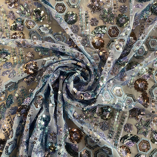 Geometric Ocean Sequined Tulle - Cadet Blue/Pale Violet