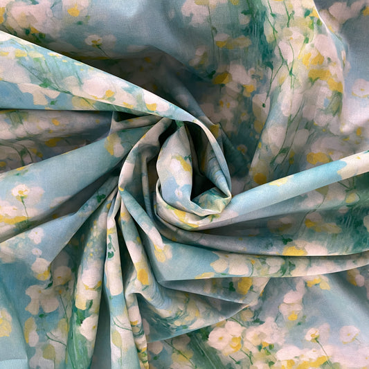 Dreamy Watercolour Blossoms Cotton Lawn - Pale Aqua/Yellow