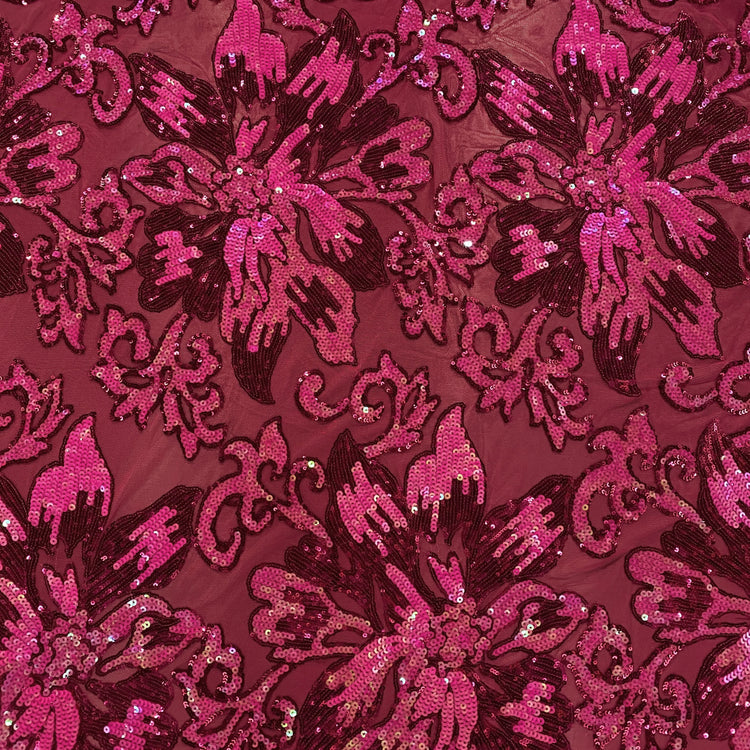 Baroque Hibiscus Sequin Embroidered Mesh - Holographic Pink / Fuchsia