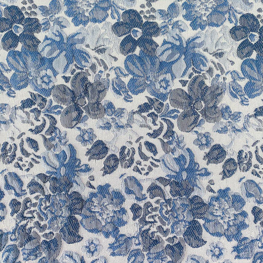 Delicate Floral Poly/Cotton Jacquard - White/Blue Tonal