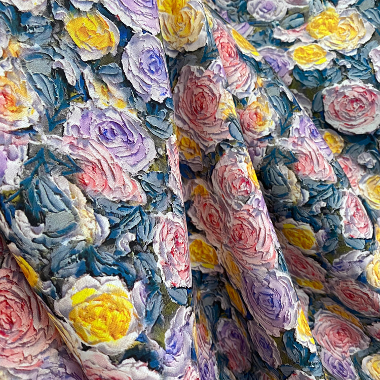 Oil-Painted Cabbage Roses Cotton Lawn - Lavender/Yellow