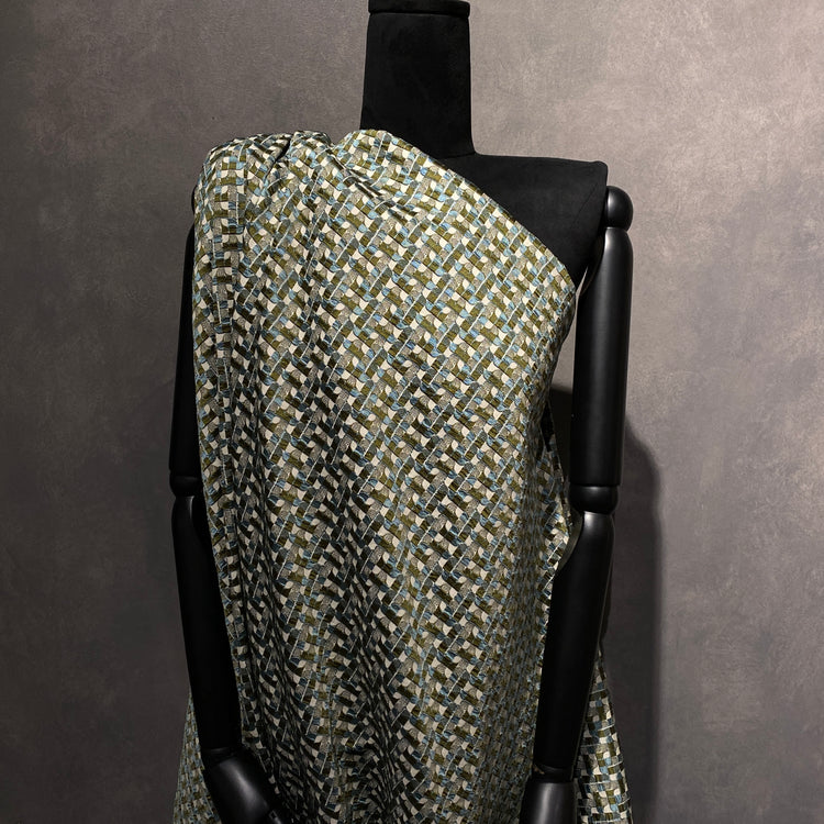 Art Déco Geometric Jacquard - Olive Green / Blue / Off-White