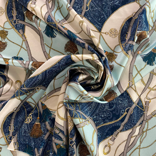 Rope and Belt Stretch Silk Satin - Dark Blue / Powder Blue