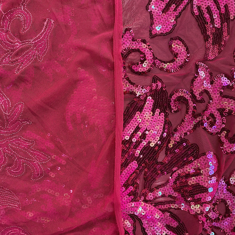 Baroque Hibiscus Sequin Embroidered Mesh - Holographic Pink / Fuchsia