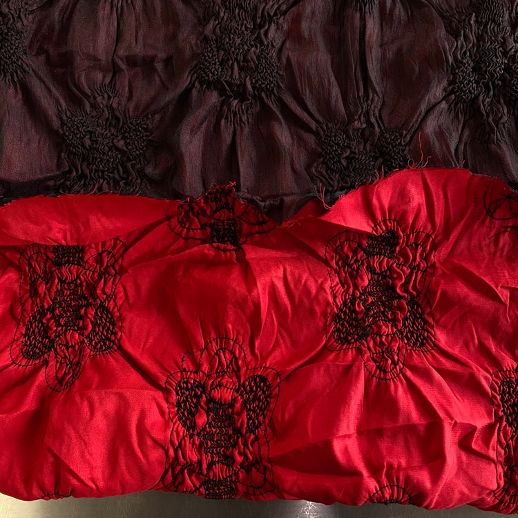 Abstract Smocked Flowers - Chiffon on Satin - Black/Red