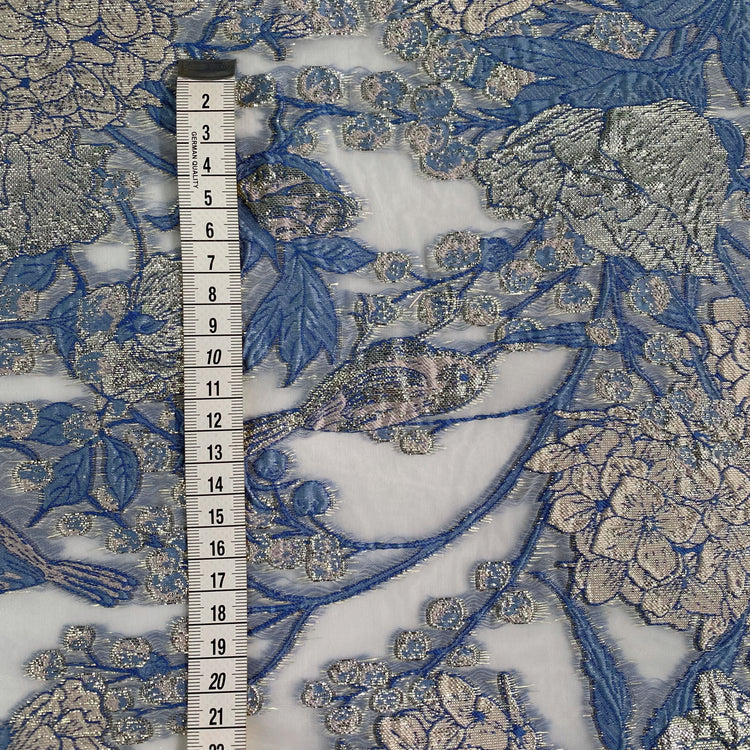 Metallic Floral/Birds Brocade Organza - Light Blue/Pale Pink