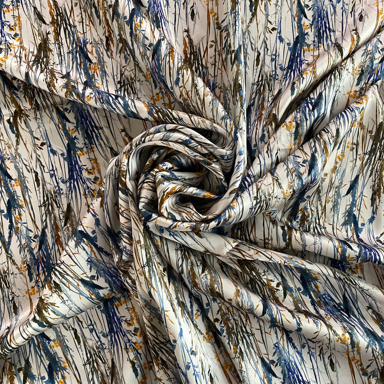 Painterly Wild Grass Stretch Silk Satin - White / Multicoloured