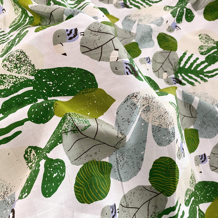 Birds & Leaves Storybook Illustration Cotton Lawn - Green
