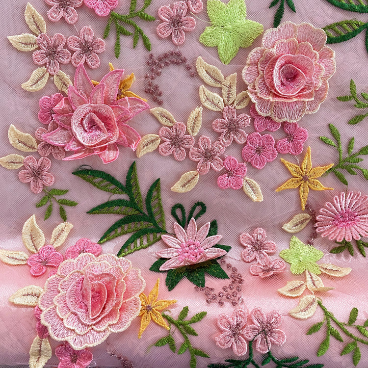 Tanti Fiori Embroidered 3D Applique Floral Tulle - Pink / Chartreuse