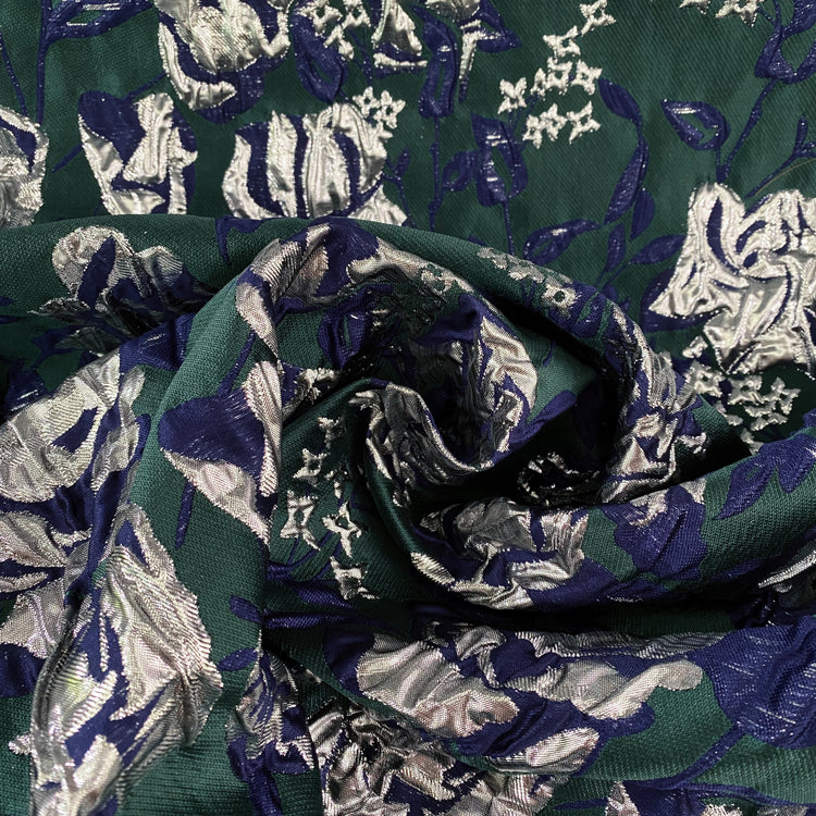 Raised Rose Vine Brocade - Metallic - Silver/Green