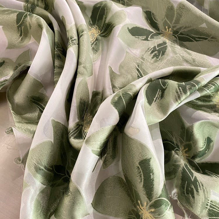 Tropical Flower Organza Jacquard - Light Green / White / Metallic Gold