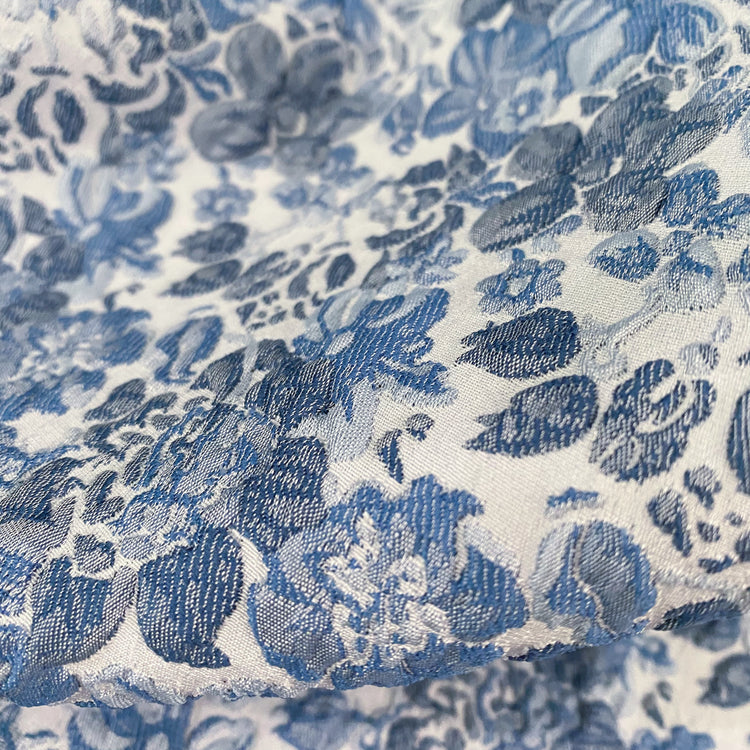 Delicate Floral Poly/Cotton Jacquard - White/Blue Tonal