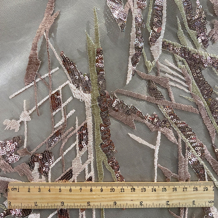 Abstract Trellis Embroidered/Sequin Tulle - Papaya Whip/Rosy Brown
