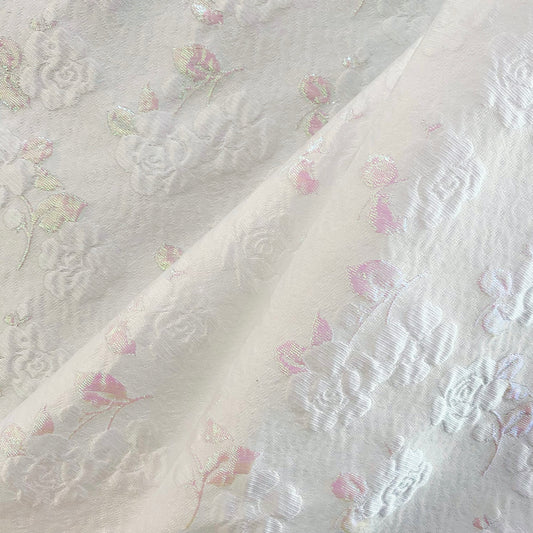 Iridescent Leaf Rose Cloqué Brocade - White / Pink
