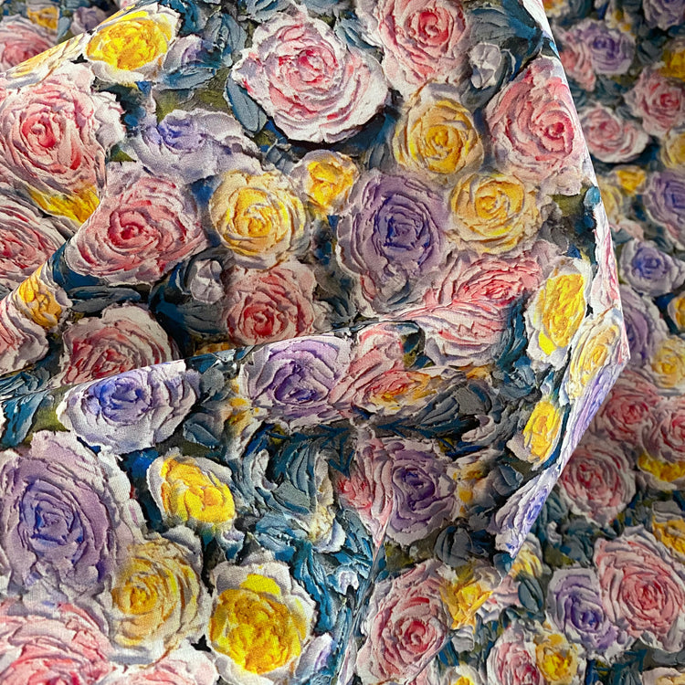 Oil-Painted Cabbage Roses Cotton Lawn - Lavender/Yellow