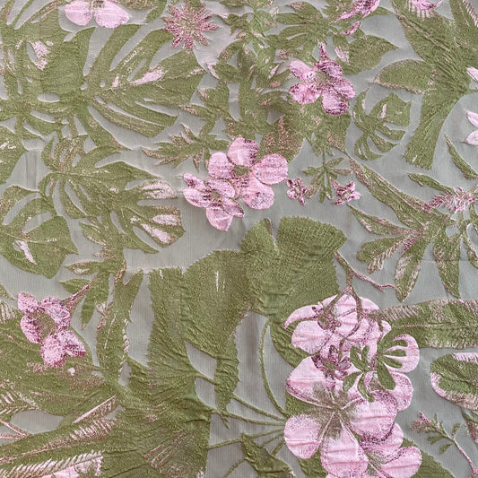 Large Jungle Floral Cloqué Jacquard - Pale Green/Pink