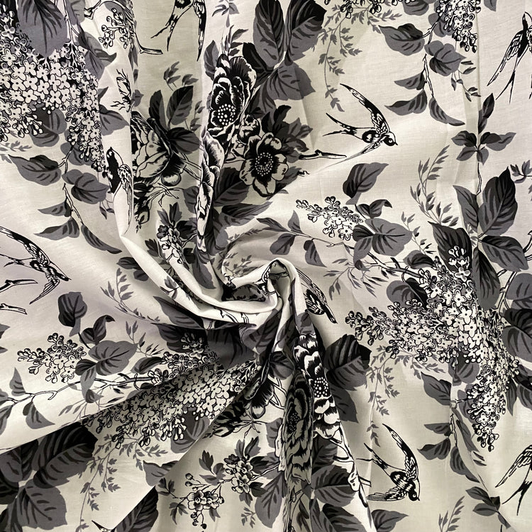 Rose & Swallow Cotton Lawn - Black/White