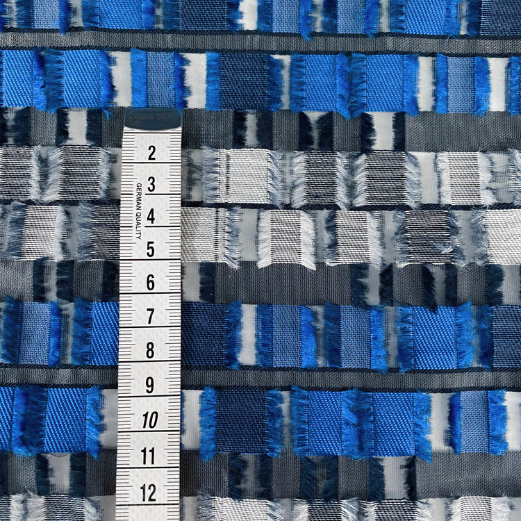 Rectangular Checkerboard Fringe Devore Organza - Blue/Silver