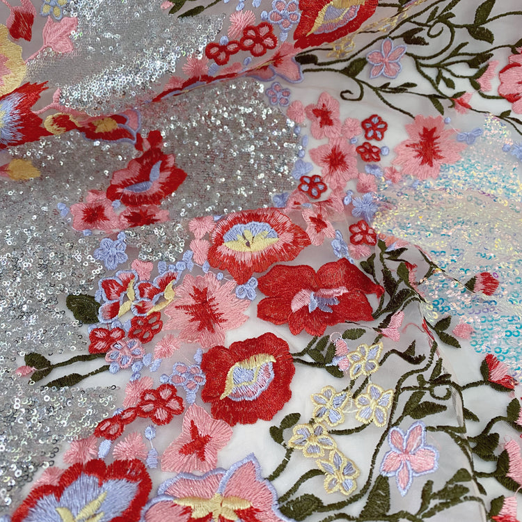 Floral Embroidery Mesh Knit - Pale Salmon/Red
