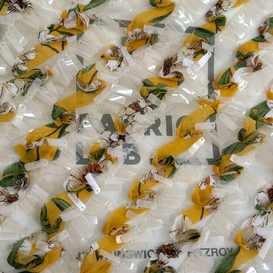 Appliquéd Printed Chiffon & Paillette Sequin Fringe Netting - Yellow/Ivory