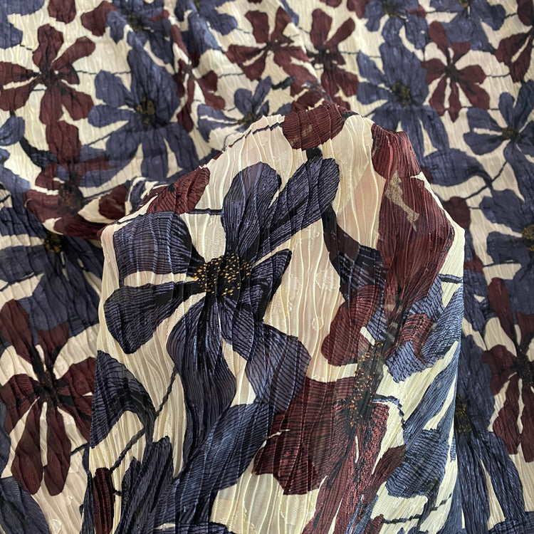 Clematis Wave Pleated Dobby Voile - Slate Blue / Bordeaux