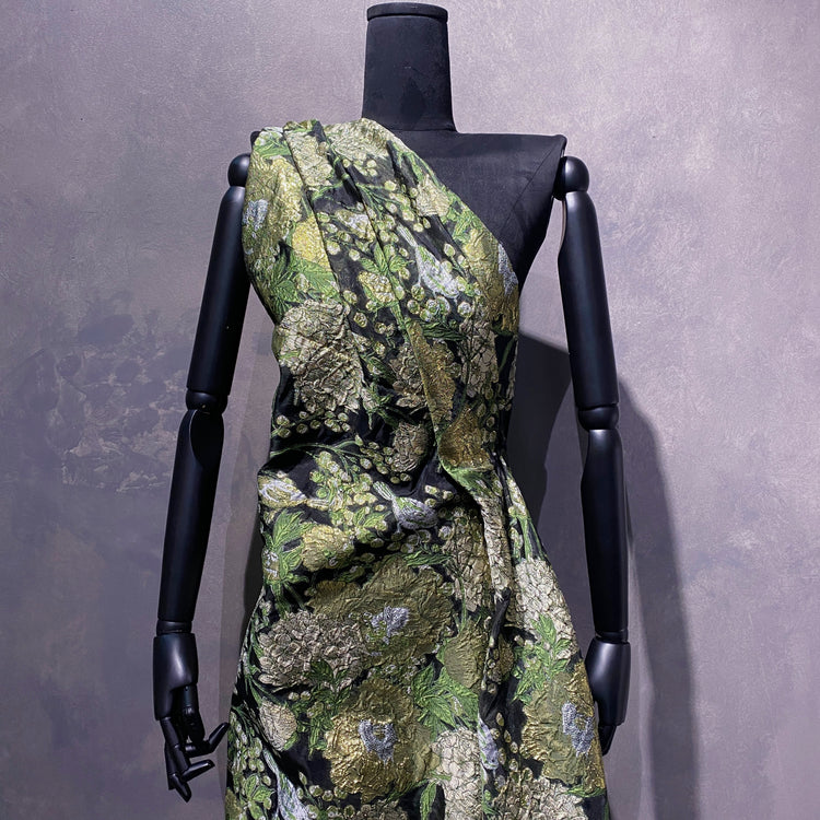 Metallic Floral/Birds Brocade Organza - Light Green/ Black