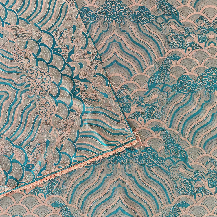 Seigaiha Motif Damask Woven - Salmon / Teal