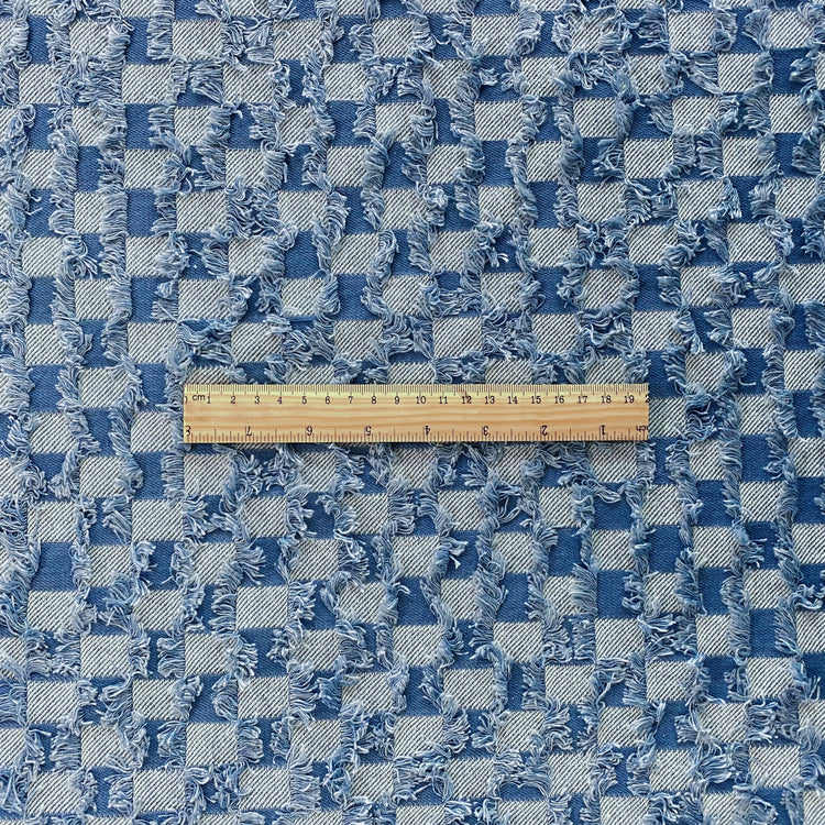 Fringed Check Cotton/Poly Denim - Tonal Blue