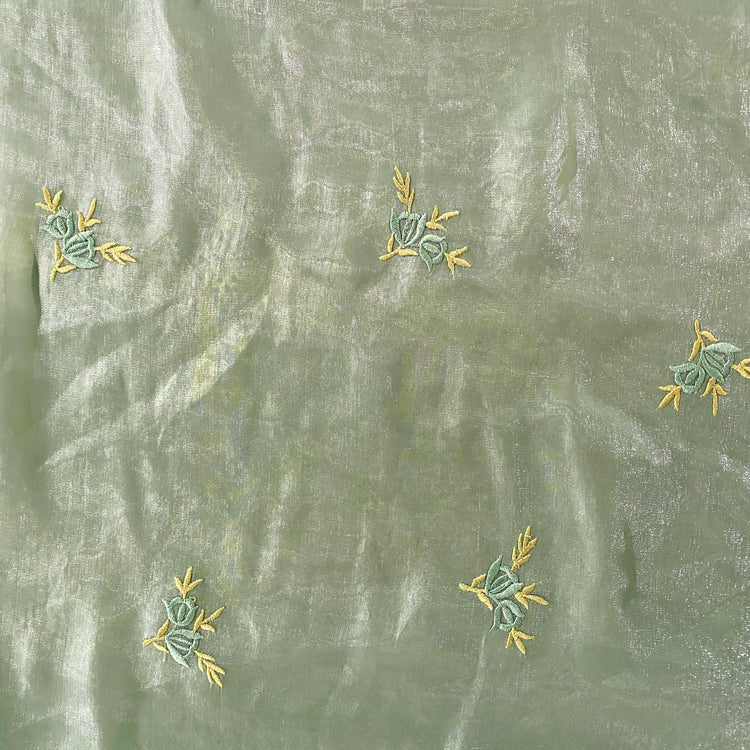 Embroidered Laurel Liquid Organza - Pale Mint Green / Yellow