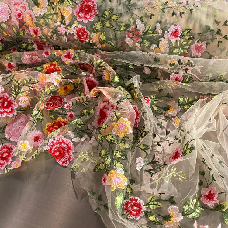 Garden Bouquet Embroidered Tulle - Pink / Forest Green