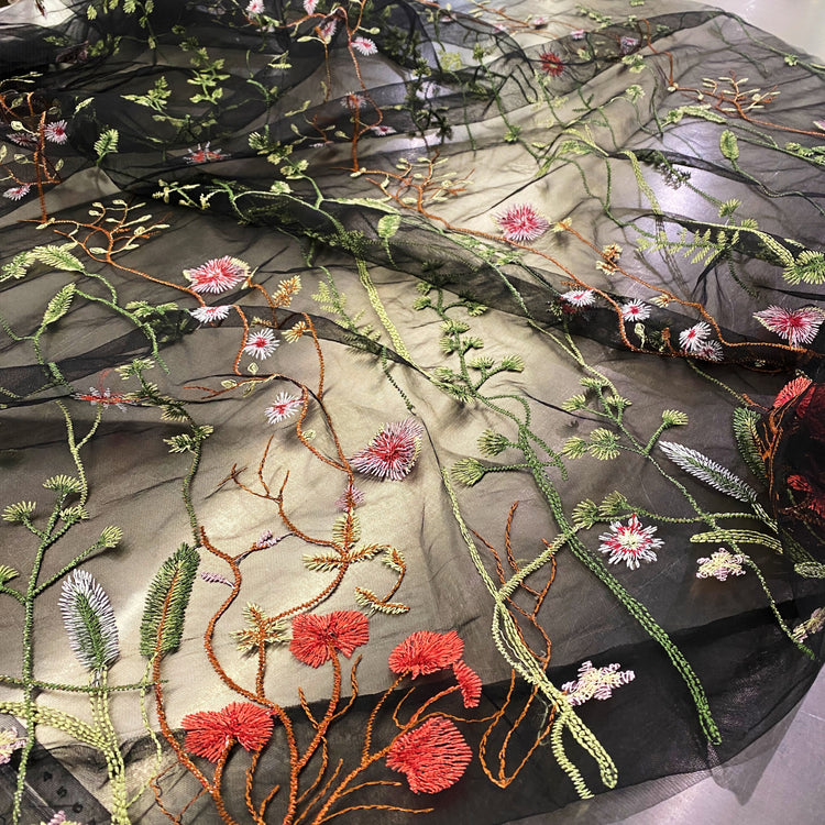 Wildflower Meadow Embroidered Tulle - Green/Black