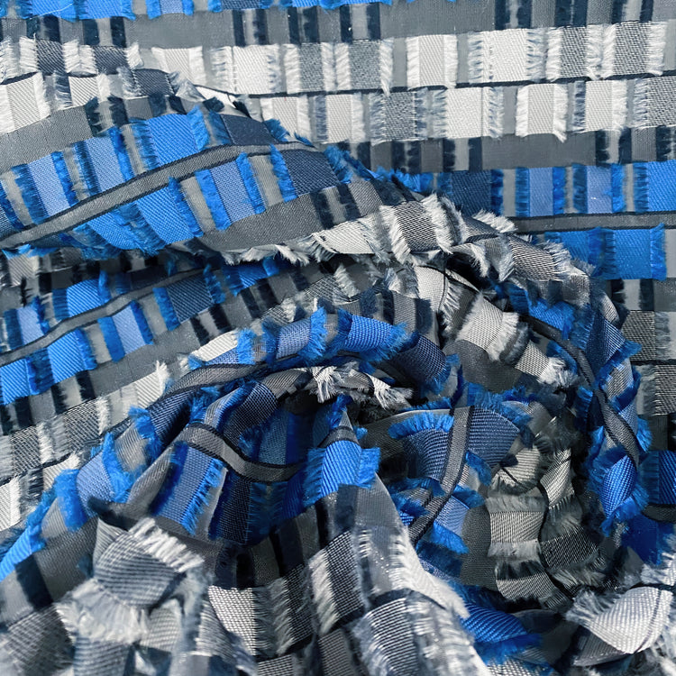 Rectangular Checkerboard Fringe Devore Organza - Blue/Silver
