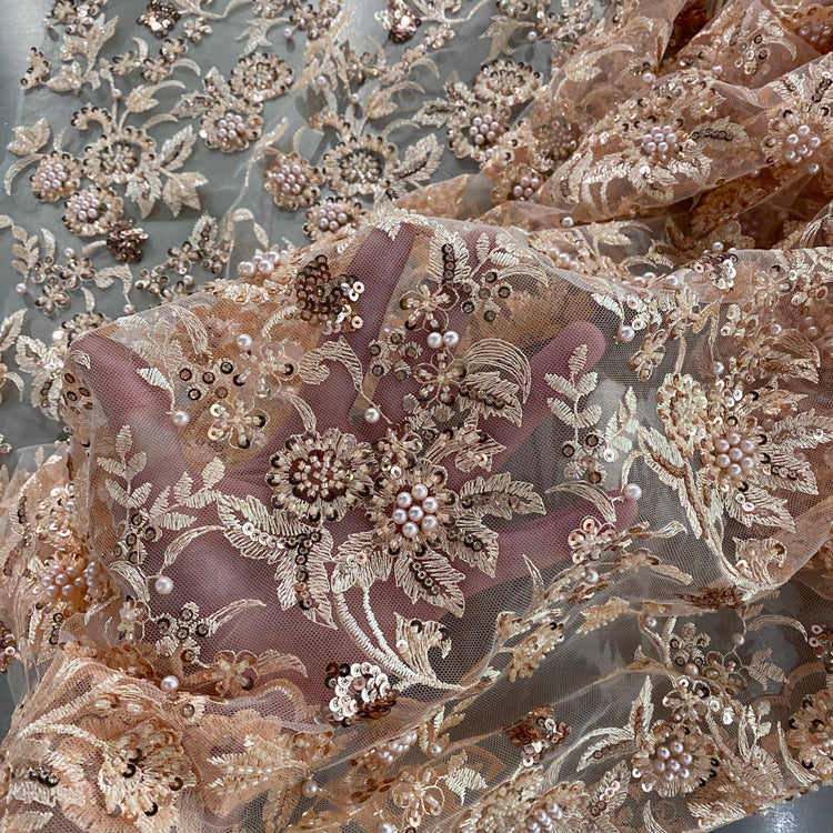 Embellished Flora Net - Light Coral Blush