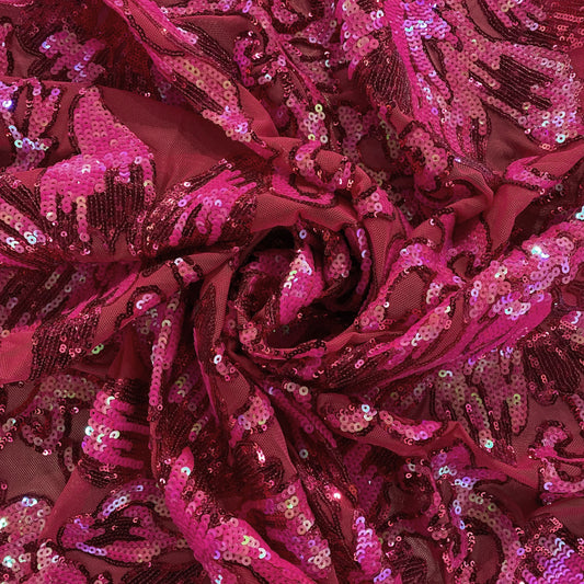 Baroque Hibiscus Sequin Embroidered Mesh - Holographic Pink / Fuchsia