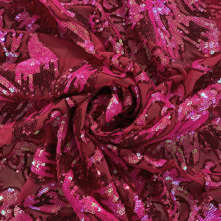 Baroque Hibiscus Sequin Embroidered Mesh - Holographic Pink / Fuchsia