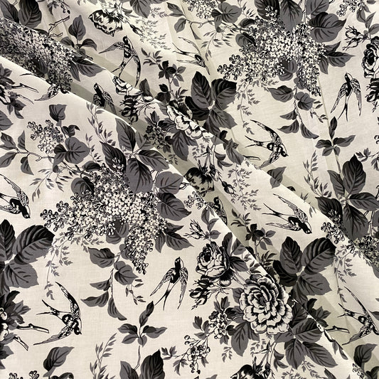 Rose & Swallow Cotton Lawn - Black/White