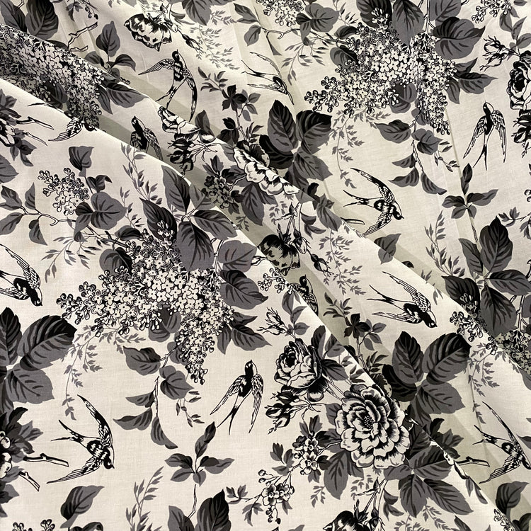 Rose & Swallow Cotton Lawn - Black/White