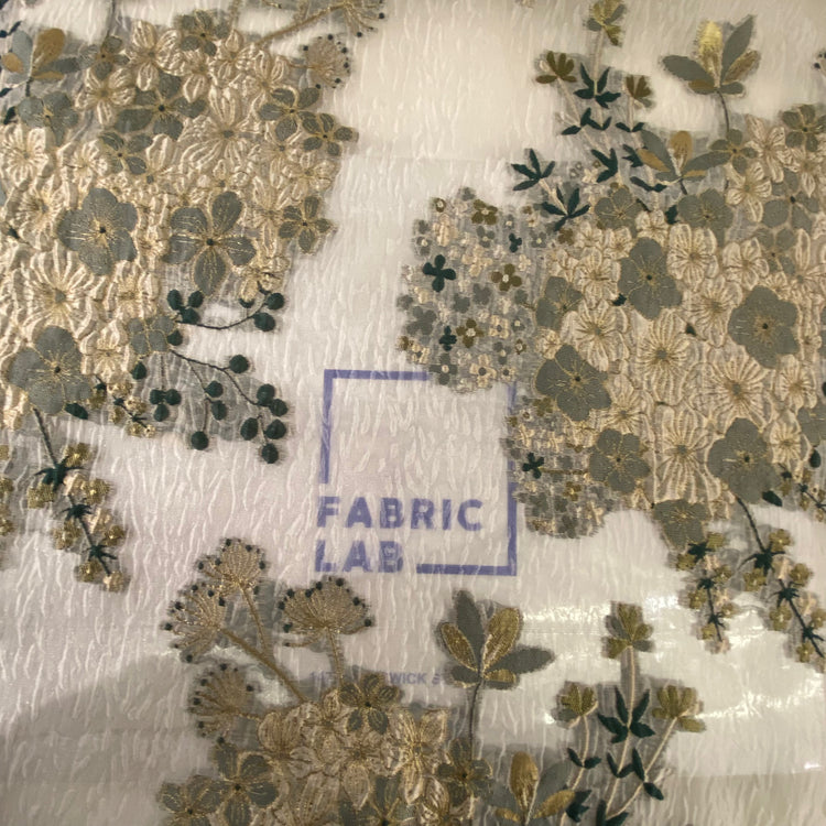 Metallic Floral Bouquet - Air Bubble Double Weave Organza - Teal/Cornsilk