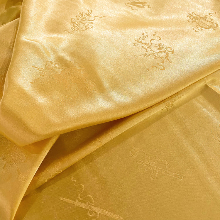 Floral Sword & Shield Silk Blend Satin Damask - Wheat Yellow