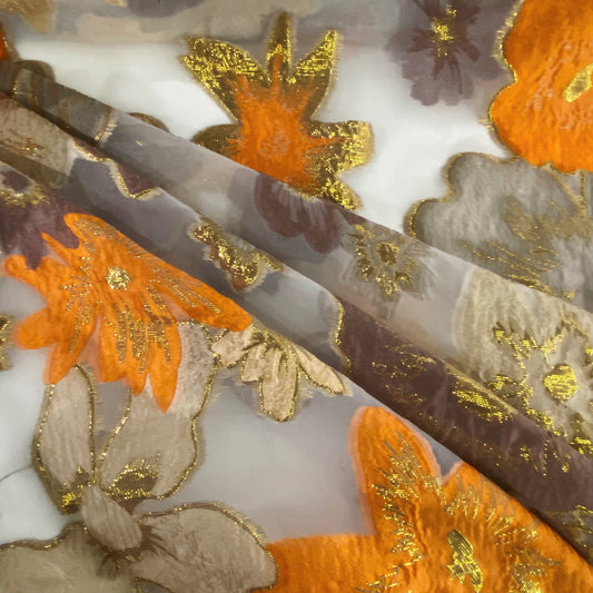 Metallic Large Simple Floral Brocade Organza - Orange/Rosy Brown
