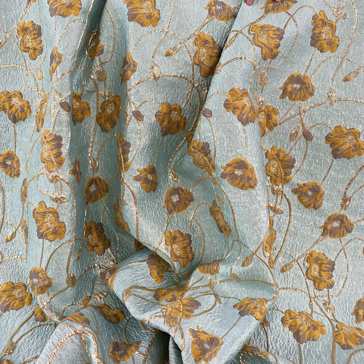 Rose Vine Brocade - Metallic - Light Blue/Gold