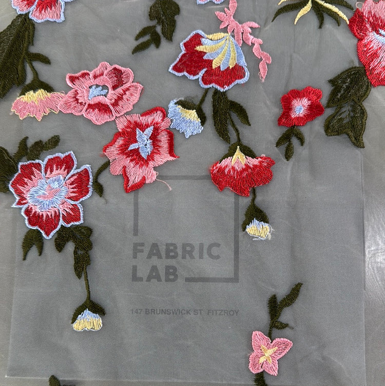 Bright Floral Pools Embroidered Sequin Tulle - Pink/Red