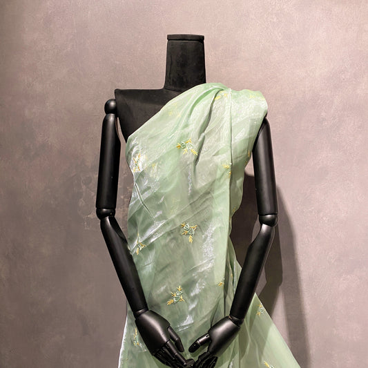 Embroidered Laurel Liquid Organza - Pale Mint Green / Yellow