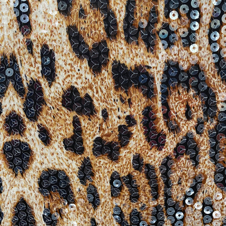 Sequinned Leopard Print Lycra/PET Jersey - Tan/Black